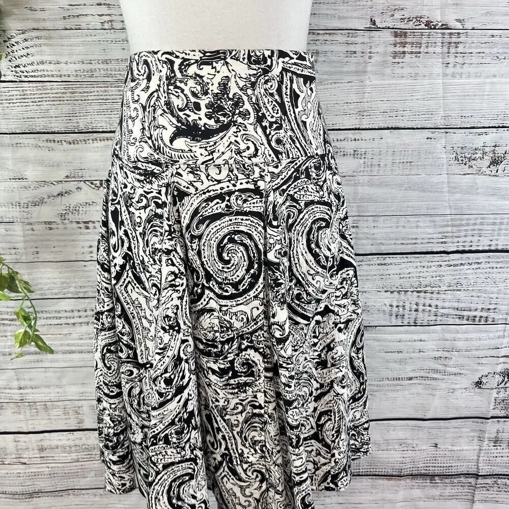 Chaps Skirt size 10 Black White Paisley Knee Full Boho Peasant Modest Summer